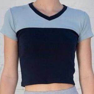 Brandy Melville Blue and Black V-Neck Crop Top